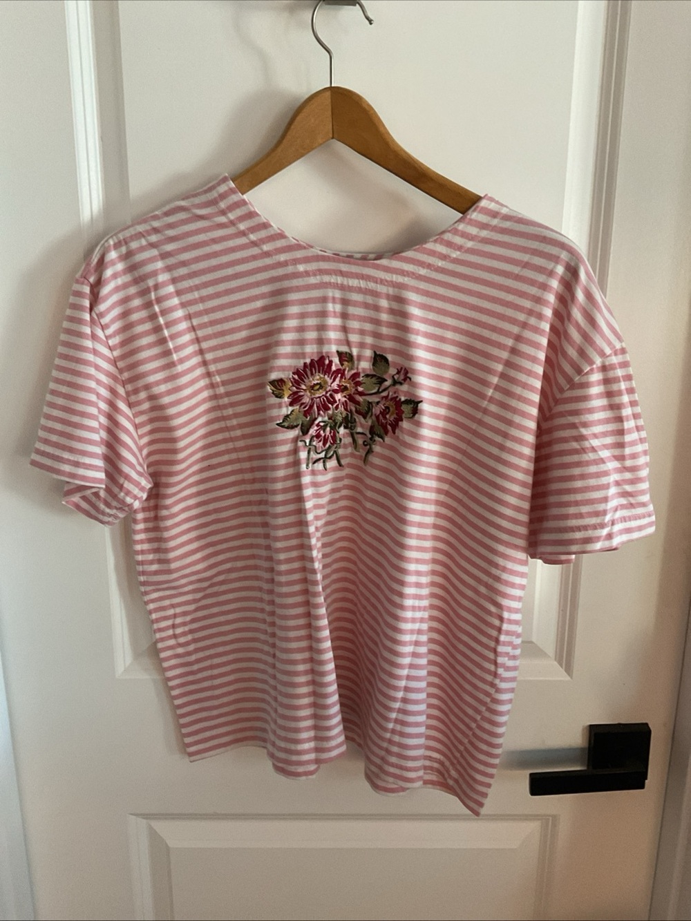 Shenanigans - Pink Striped Short Sleeve Tee with Floral Embroidery - Ladies XL